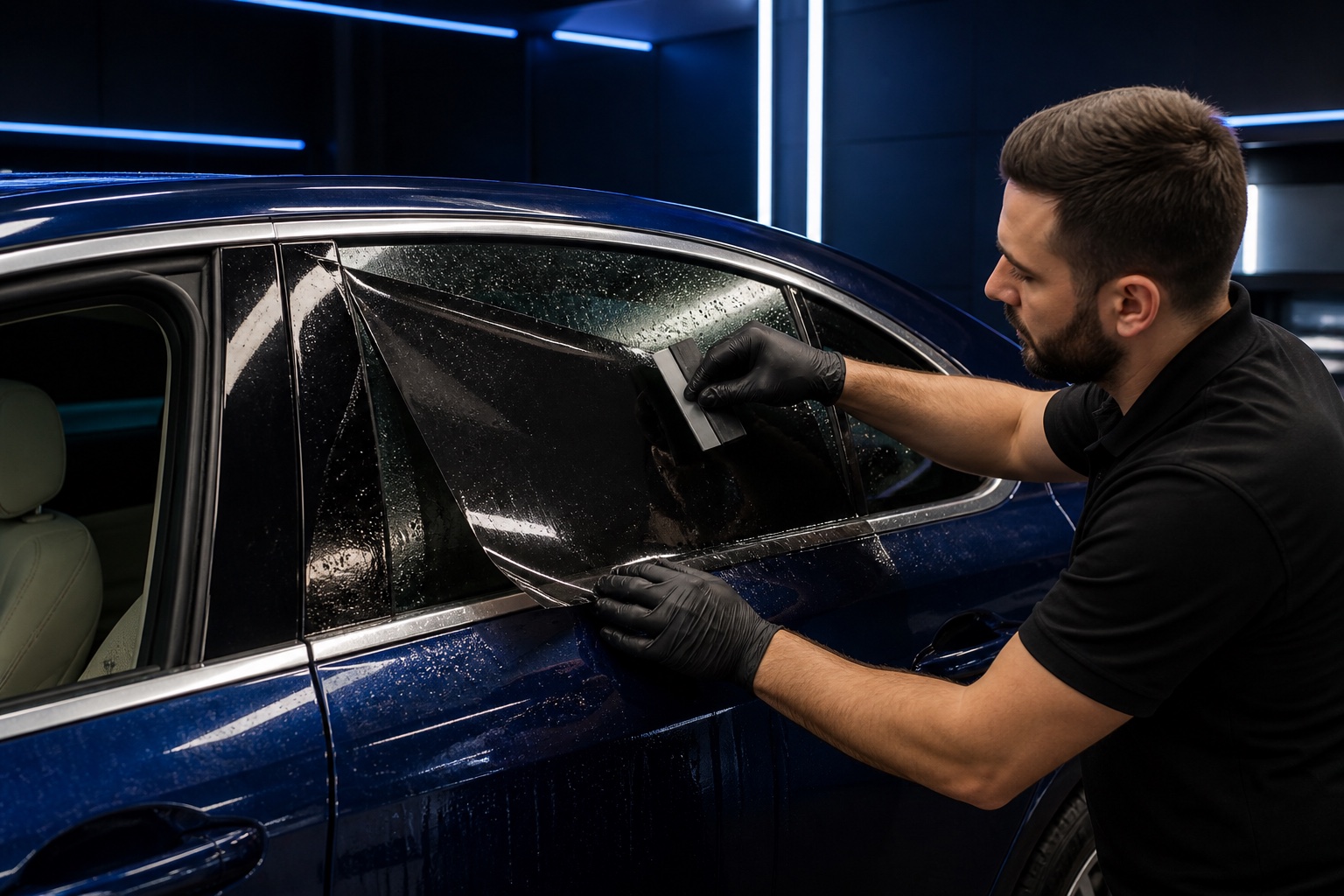 Technician installing automotive window tint on a dark blue car