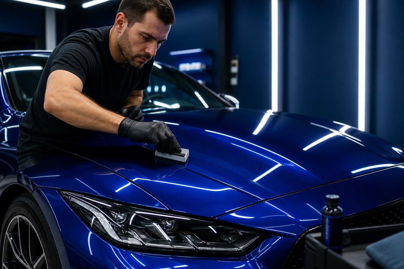 Technician applying ceramic coating to the glossy hood of a blue performance car