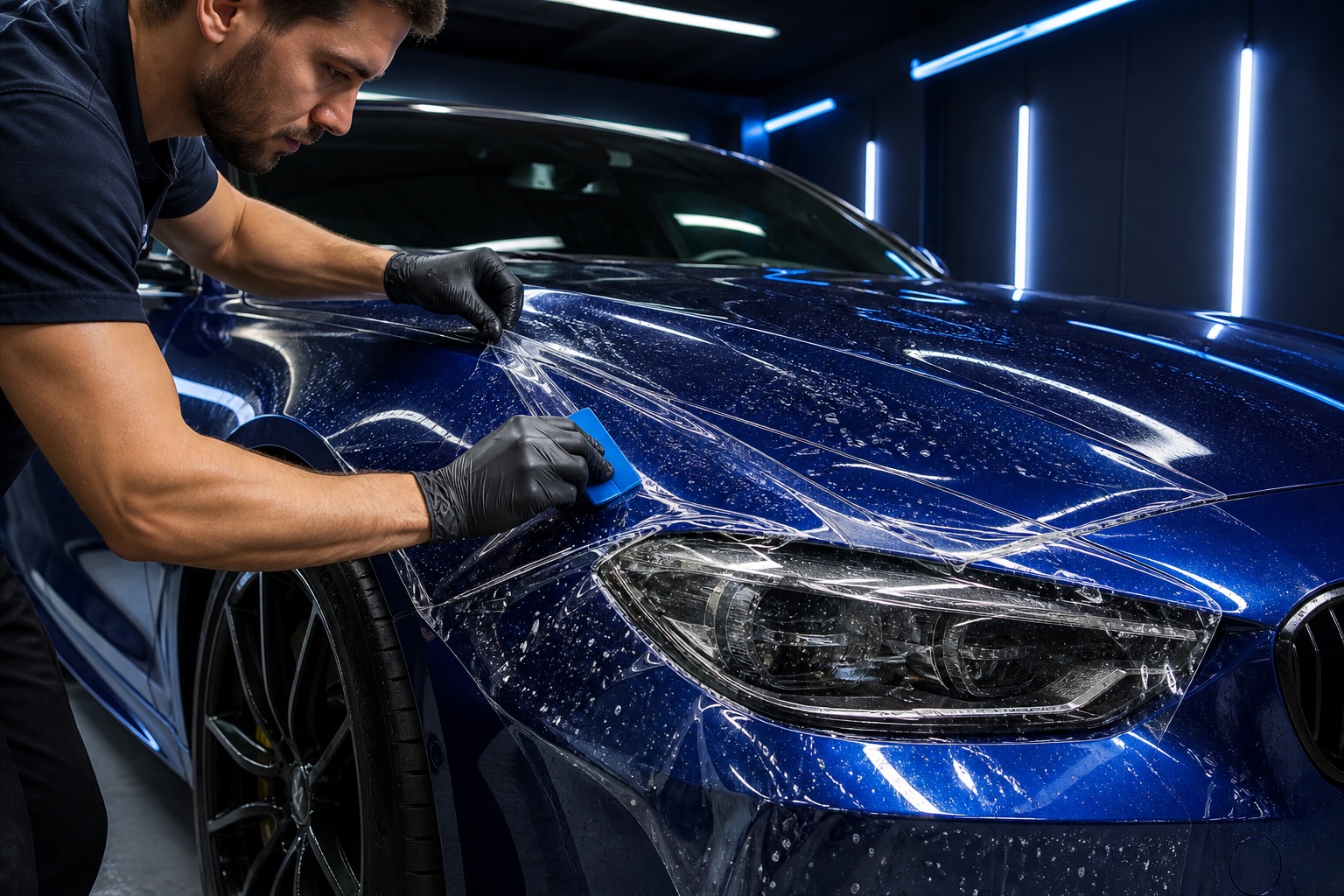 Technician applying clear paint protection film to the hood of a blue performance car