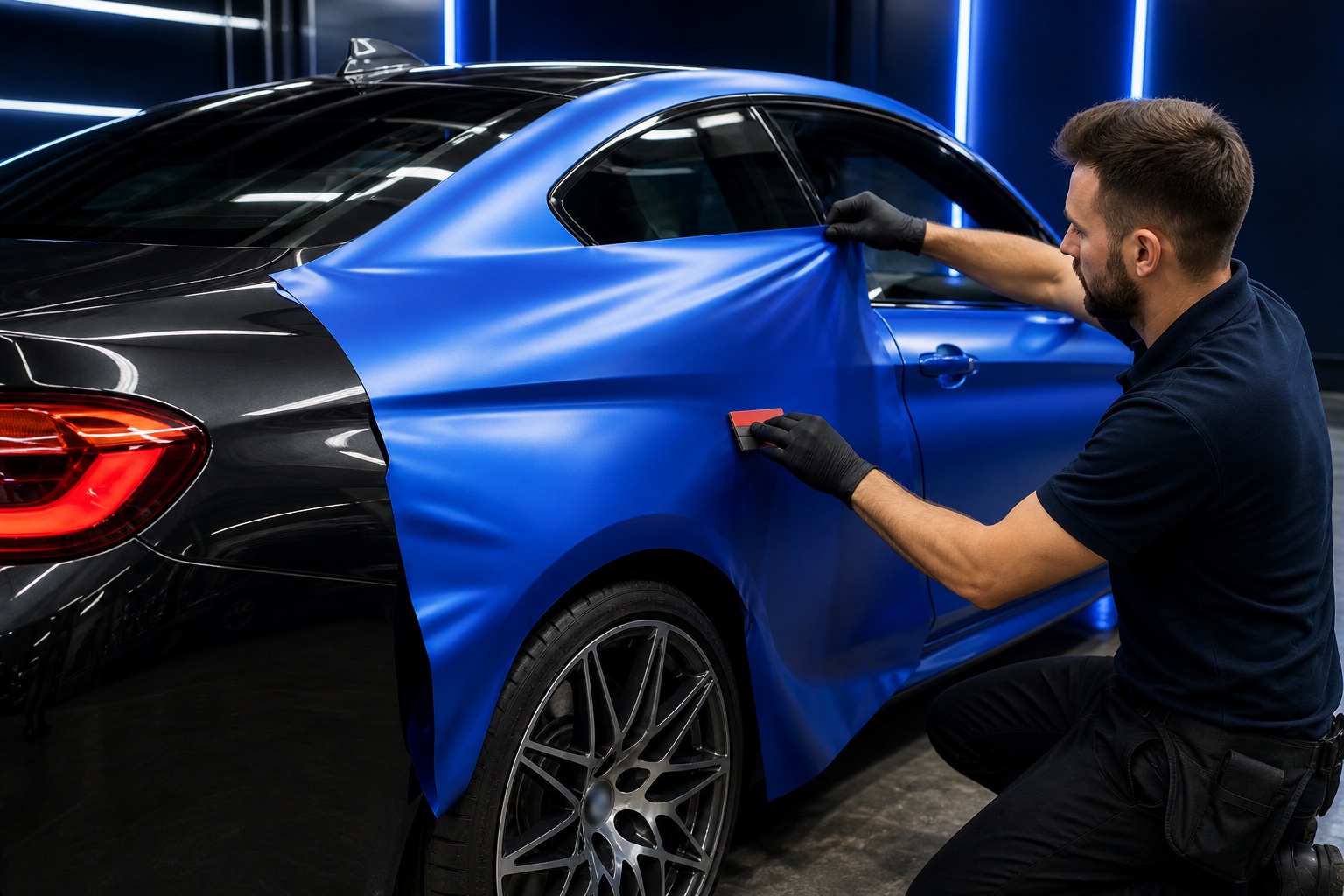 Technician applying blue vinyl wrap film to a luxury car rear quarter panel